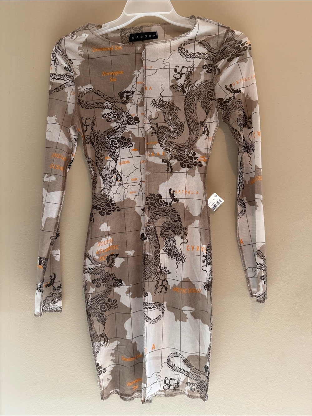 Sabora Taupe and White Map-Print Long Sleeve Bodycon Dress see-through material